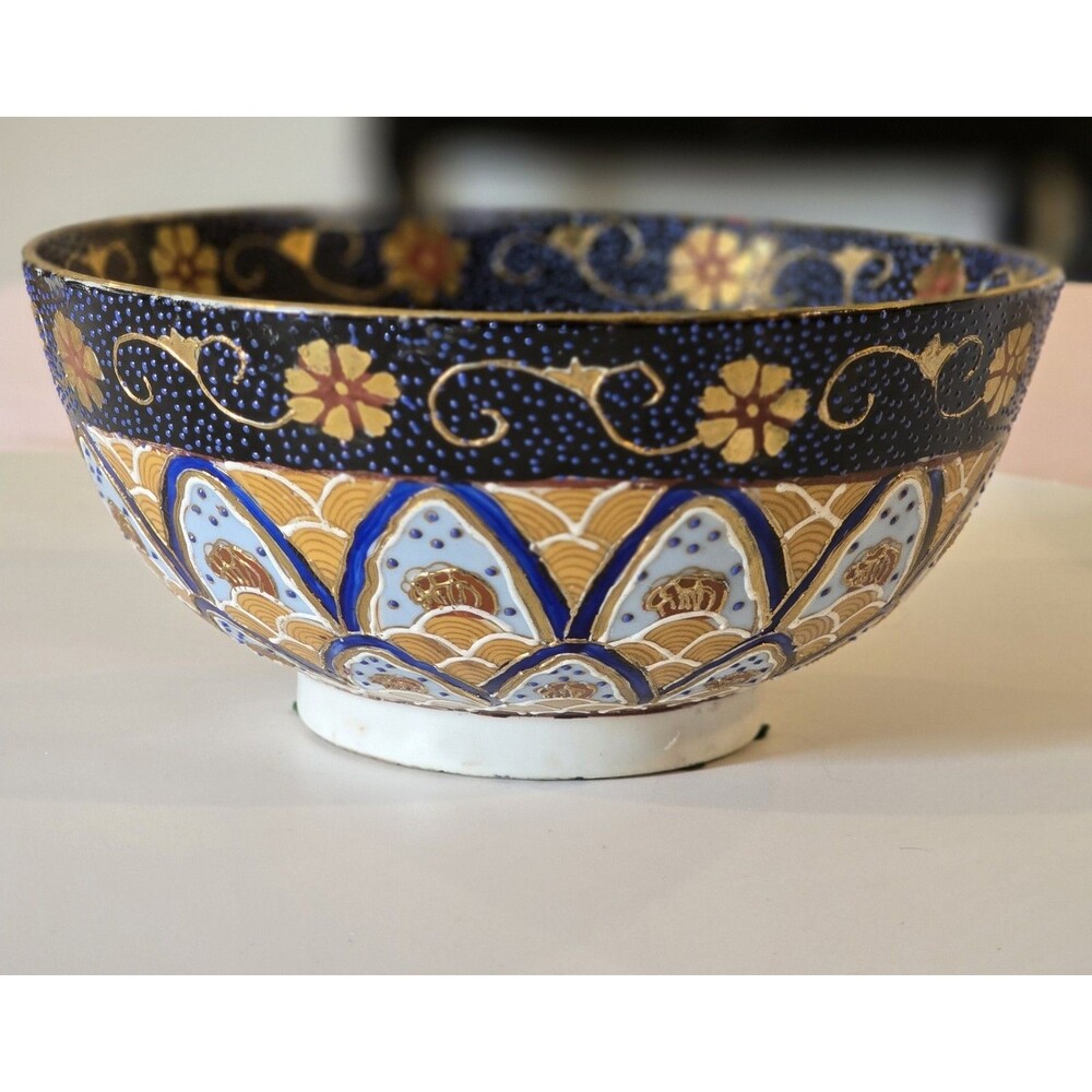 Chinese Decorative Porcelain Bowl | Satsuma Style | Cobalt Blue Gold Lotus...